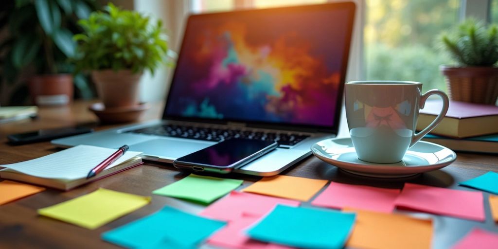 Workspace with laptop, smartphone, coffee, sticky notes, and plant.