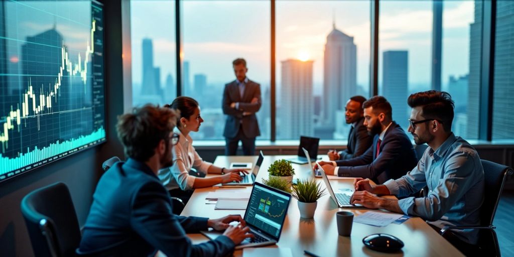 Diverse professionals collaborating in a modern office setting.