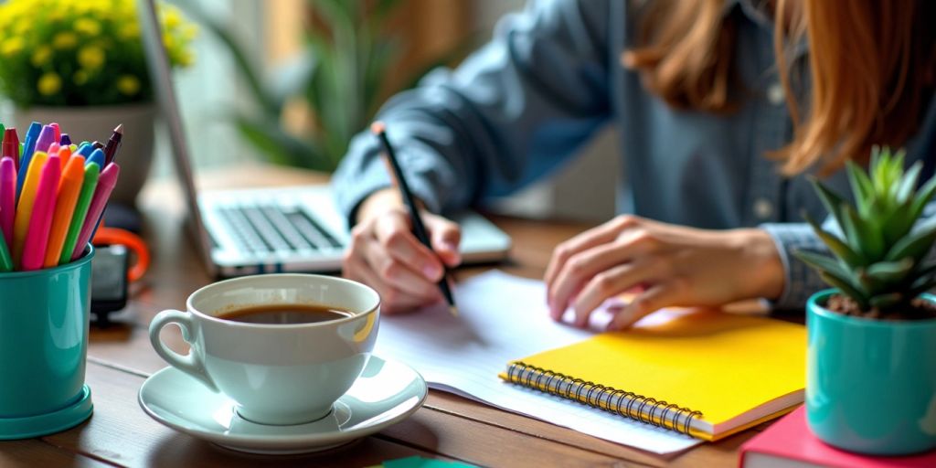 A workspace with a laptop, coffee cup, and notepad.