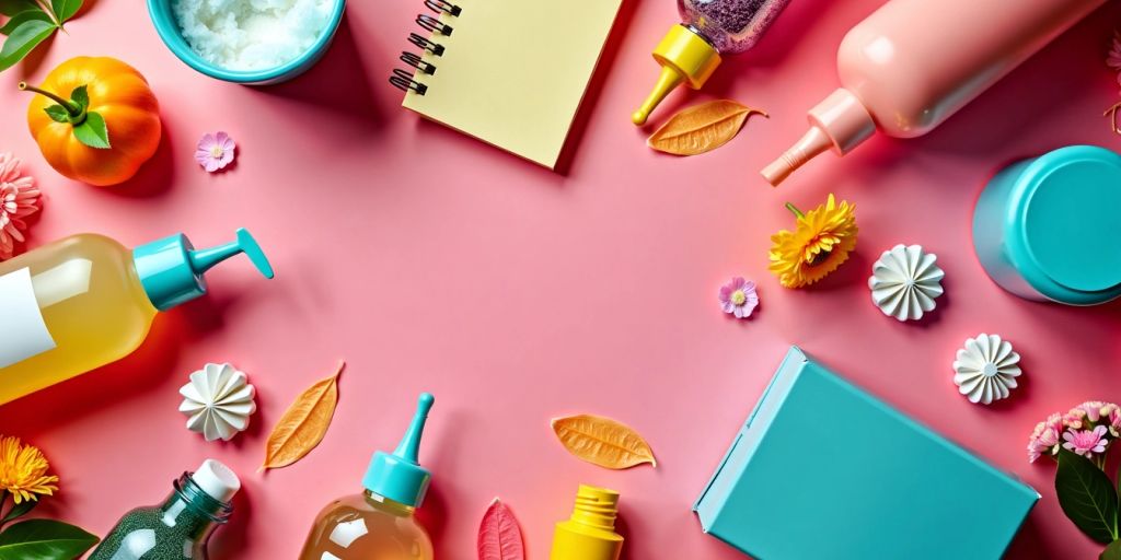 Flat lay of products with colorful props.