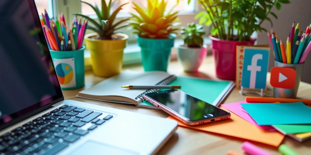 Colorful workspace with laptop, smartphone, and social media icons.