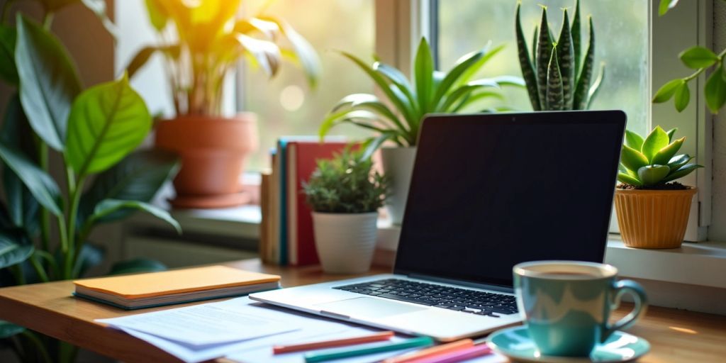 A bright workspace with a laptop and coffee cup.