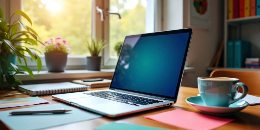 A workspace with a laptop and coffee cup.