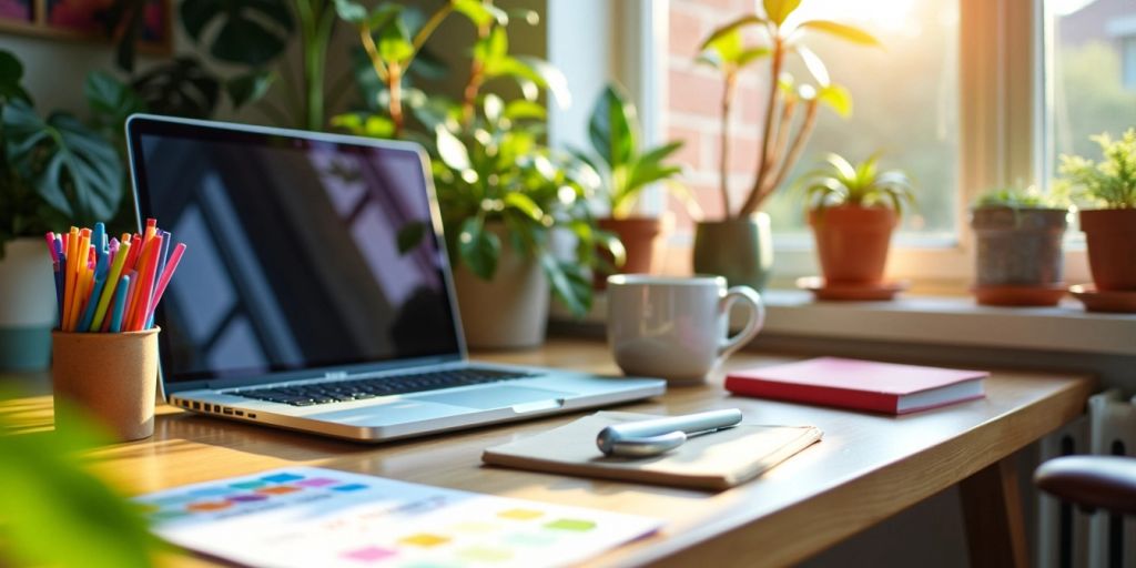 A workspace with a laptop and coffee cup.