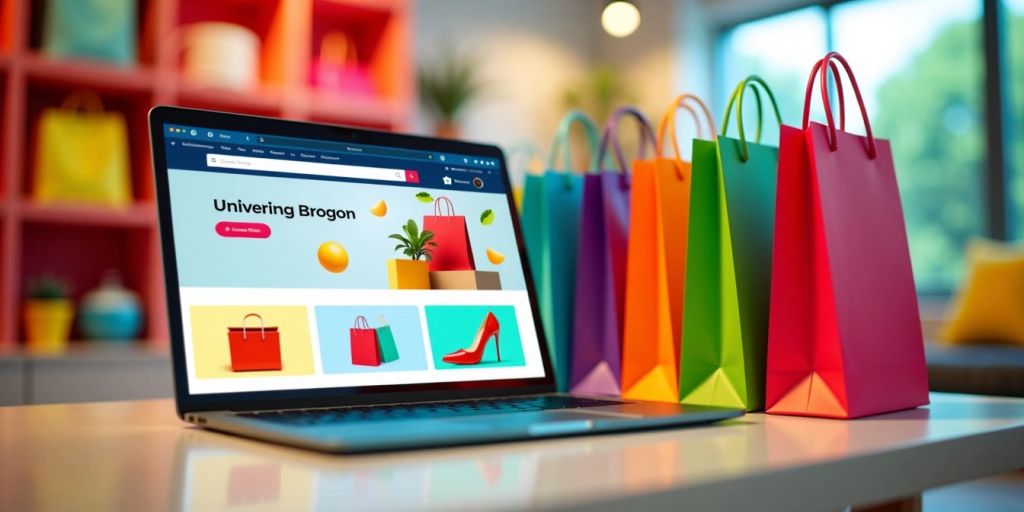 Colorful e-commerce scene with products and shopping bags.