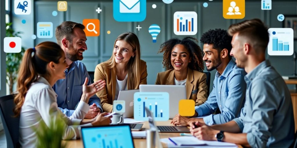 Diverse team collaborating in a modern office environment.