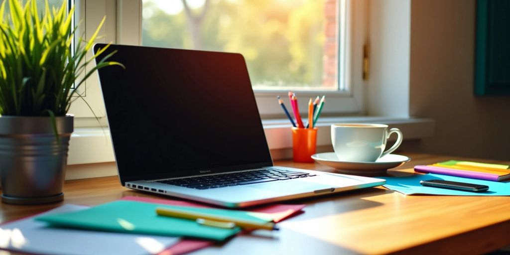 Photographic image of a workspace with a laptop and coffee.