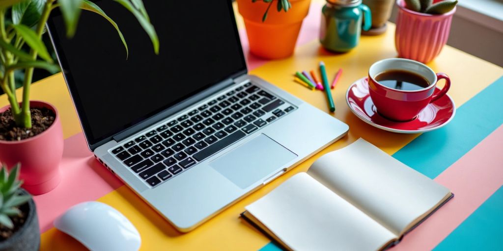 Photographic image of a workspace with a laptop and notepad.