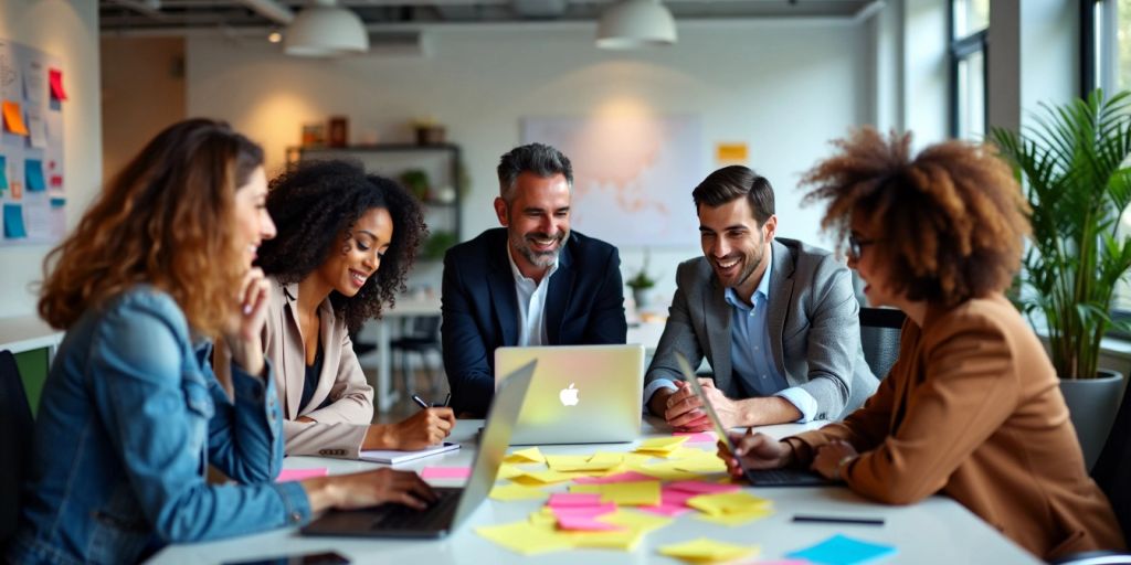 Group of professionals collaborating in a modern office.