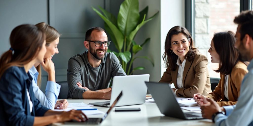 Diverse professionals collaborating in a modern office setting.