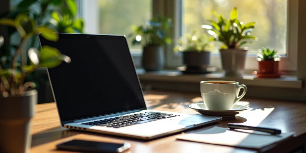 A workspace with a laptop and coffee cup.