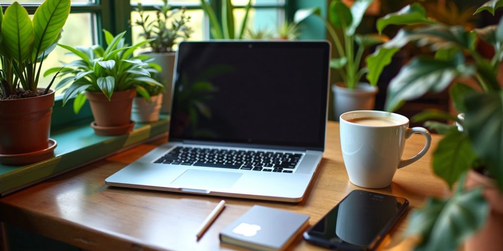 A workspace with a laptop, smartphone, and coffee cup.