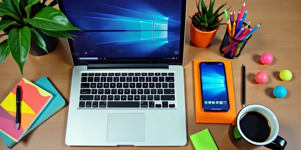 A workspace with a laptop, smartphone, and coffee cup.